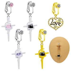 Non Pierced Zinc Alloy Rhinestone Navel Ring For Women Heart Sword Love Dangle Belly Clip On Body Jewelry Accessory Gift