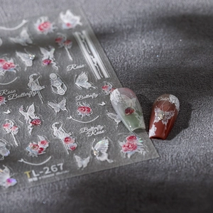 5D embossed 3D nail art stickers TL-267 with pearl texture rose and butterfly designs