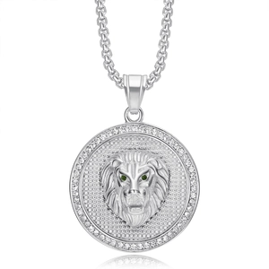 Silver stainless steel hiphop necklace featuring a round lion head pendant with green eyes