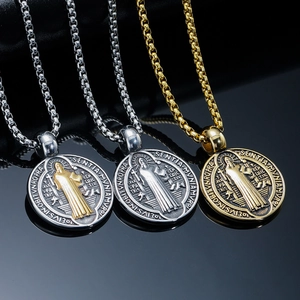 Saint Benedict Medal Pendant Necklace Stainless Steel Round Double Sided Religious Exorcism Cross Vintage Jewelry Unisex