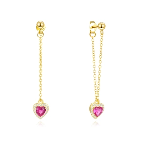 Macro detail of s925 silver long chain earrings with pink heart stones and zircons
