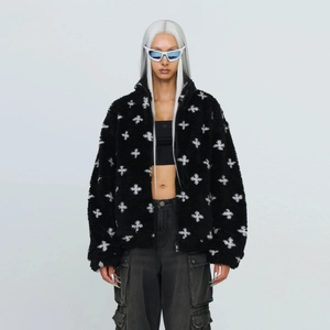 Veste En Polaire Pour Femmes Manteau Épais En Laine D'agneau Synthétique Col Montant Fermeture Éclair Streetwear Imprimé Croix