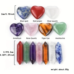 14pc natural crystal set with 7 heart stones and 6-sided prisms on white background