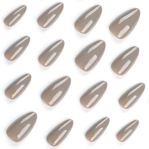 Glossy almond-shaped press-on nails in deep nude solid color with 16 different sizes