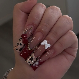 Handmade Press On Nails Square Long Leopard Print Red French Cherry 3D Bowknot Rhinestone Fake Nails For Women