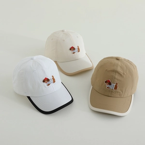 Set of 3 kids baseball caps with cute puppy embroidery in white, beige, and khaki colors