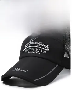 Detail of New York 3D embroidery on breathable black mesh baseball cap with curved brim