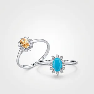Vintage 925 Sterling Silver Ring Oval Turquoise Champagne Zircon Sunflower Cluster Halo Jewelry For Women