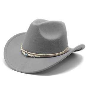 Close-up of gray wool felt cowboy hat featuring woven band with blue evil eye charms