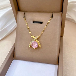 Titanium steel water drop necklace set with large pink stone and pavé zircons