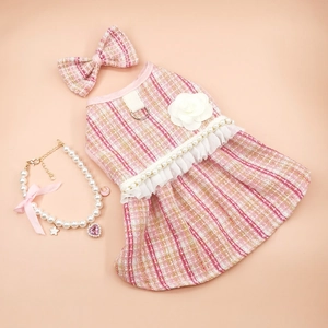 Pink tweed pet dress set with lace ruffles, camellia flower and pearl necklace