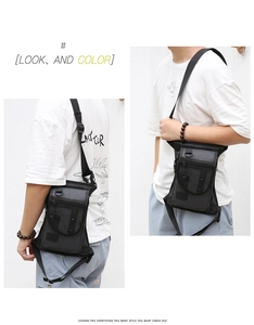 Front and side view of a black nylon tactical leg bag with adjustable straps for hiking