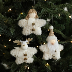 White plush Christmas ornaments set featuring angel, reindeer and Santa with gold sequins
