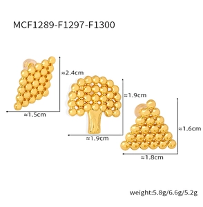 Detailed size guide for three geometric gold-plated beaded earrings with dimensions