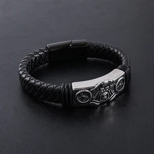 Men's braided leather bracelet with vintage motorcycle style silver metal accent and magnetic clasp