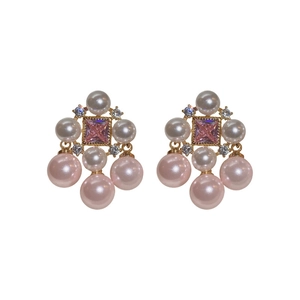 Vintage style gold-plated earrings with pearls, pink gemstone and silver pins for women