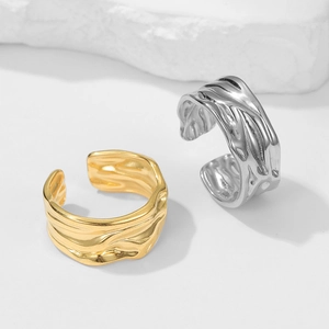Irregular liquid texture adjustable rings in 18K gold and silver plated stainless steel
