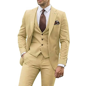 Slim fit three-piece men's suit in beige including blazer, vest and trousers for weddings