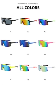 Matrix display showing nine color variants of oversized sports wrap sunglasses with PC frames