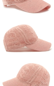 Three views of pink knitted baseball cap with sequins and breathable mesh design