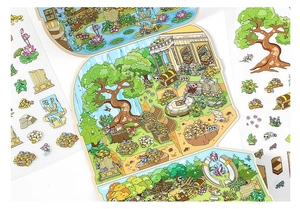 Detailed macro view of fantasy scene stickers with forest and temple themed designs