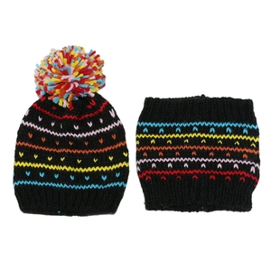 Winter knitted hat and scarf set with colorful stripes and fluffy pompom for kids