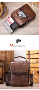 Vertical leather messenger bag detail showing capacity for a 7.9 inch iPad and essentials