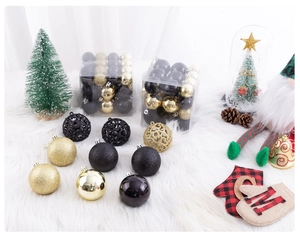 Close-up of black and gold Christmas ball ornaments in various finishes on white fur