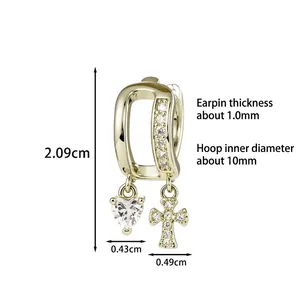 Coffee gold cross and heart charm hoop earrings with crystal accents and dimensions