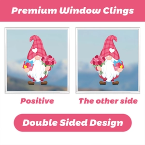 Double-sided Valentine's Day window sticker featuring a cute gnome with a red rose and gift