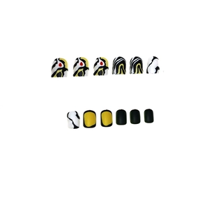 Short square press-on nails with yellow and black zebra stripe abstract art designs