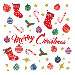 Pegatinas de pared Merry Christmas con calcetines festivos, bastones y ornamentos