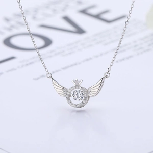 Elegant angel wing heart necklace with moving center stone in silver finish