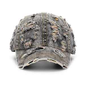 Distressed vintage denim baseball cap with multicolor fringes and ripped detail
