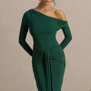Elegant dark green one-shoulder long sleeve mermaid evening gown with waist draping detail