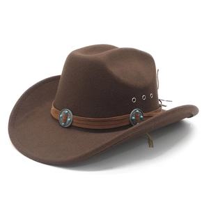 Western Cowboy Hat Wool Felt Wide Brim Ethnic Turquoise Bead Leather Band Vintage Outdoor Sun Hat For Men Women