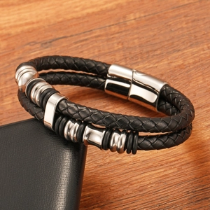 Zweilagiges schwarzes geflochtenes Lederarmband für Herren mit poliertem Magnetverschluss