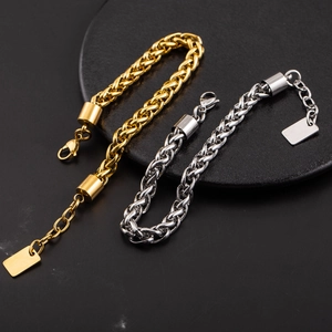 Chunky gold and silver stainless steel basket weave chain bracelet with lobster clasp