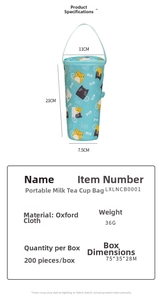 Portable blue milk tea bag with cat pattern showing height 21cm and bottom diameter 7.5cm