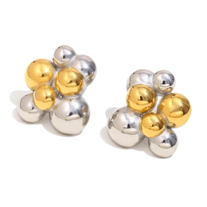 Boucles d'oreilles clous en grappe de billes acier inoxydable plaqué or 18K bicolore