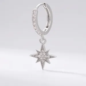 Octagon star pendant hoop earrings in rhodium-plated brass with cubic zirconia micro-pave