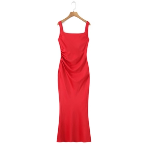 Detail of red sleeveless mermaid dress showing square neck and side ruching on hanger