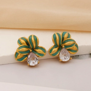 Boucles d'oreilles fleur en émail vert avec pendentif en cristal goutte d'eau