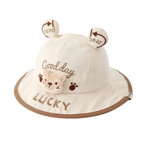 Beige baby fisherman hat with 3D bear ears and Lucky embroidery for toddlers