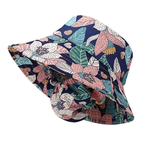 Women's outdoor floral sun hat with wide brim and detachable neck gaiter in navy blue