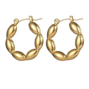 Polished gold stainless steel hoop earrings featuring a unique multi-node olive link design