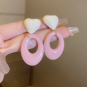 Sweet Heart Oval Dangle Earrings Resin Geometric Contrast Color Jewelry With Silver Earring Post For Women