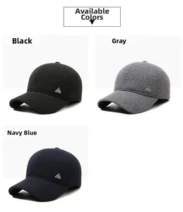 Three men's winter baseball caps in black, grey and navy blue with metallic side logo