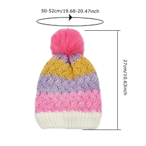 Colorful striped kids knit beanie with pink faux fur pom and size dimensions