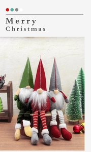 Detailed view of three long-legged Christmas gnomes sitting on wooden logs for holiday decor